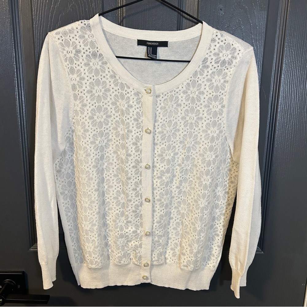 Forever 21 Women's White Lace Button Cardigan